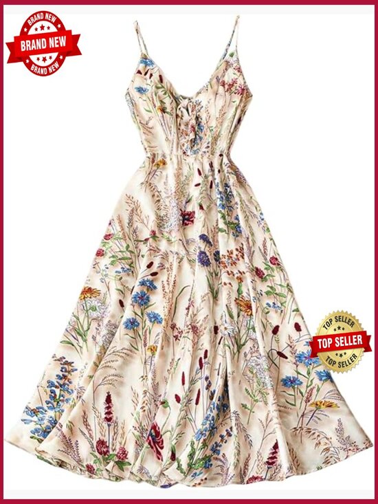 Dresses & Skirts - Women's Floral V-Neck Spaghetti Strap Midi Dress A-Line Flowy Boho Sundress
